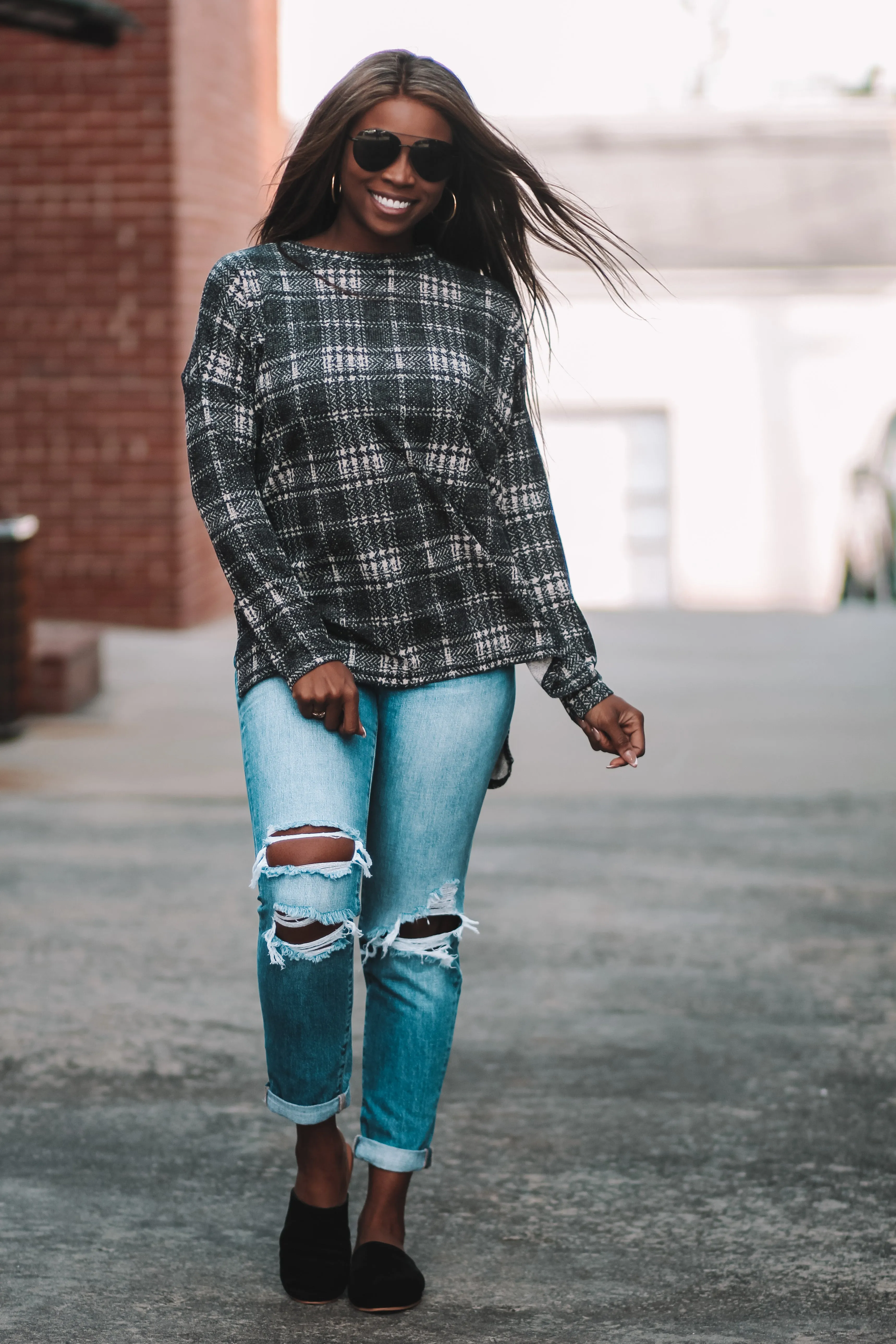 Black Plaid Dolman Sleeve High Low Top