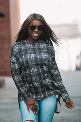 Black Plaid Dolman Sleeve High Low Top
