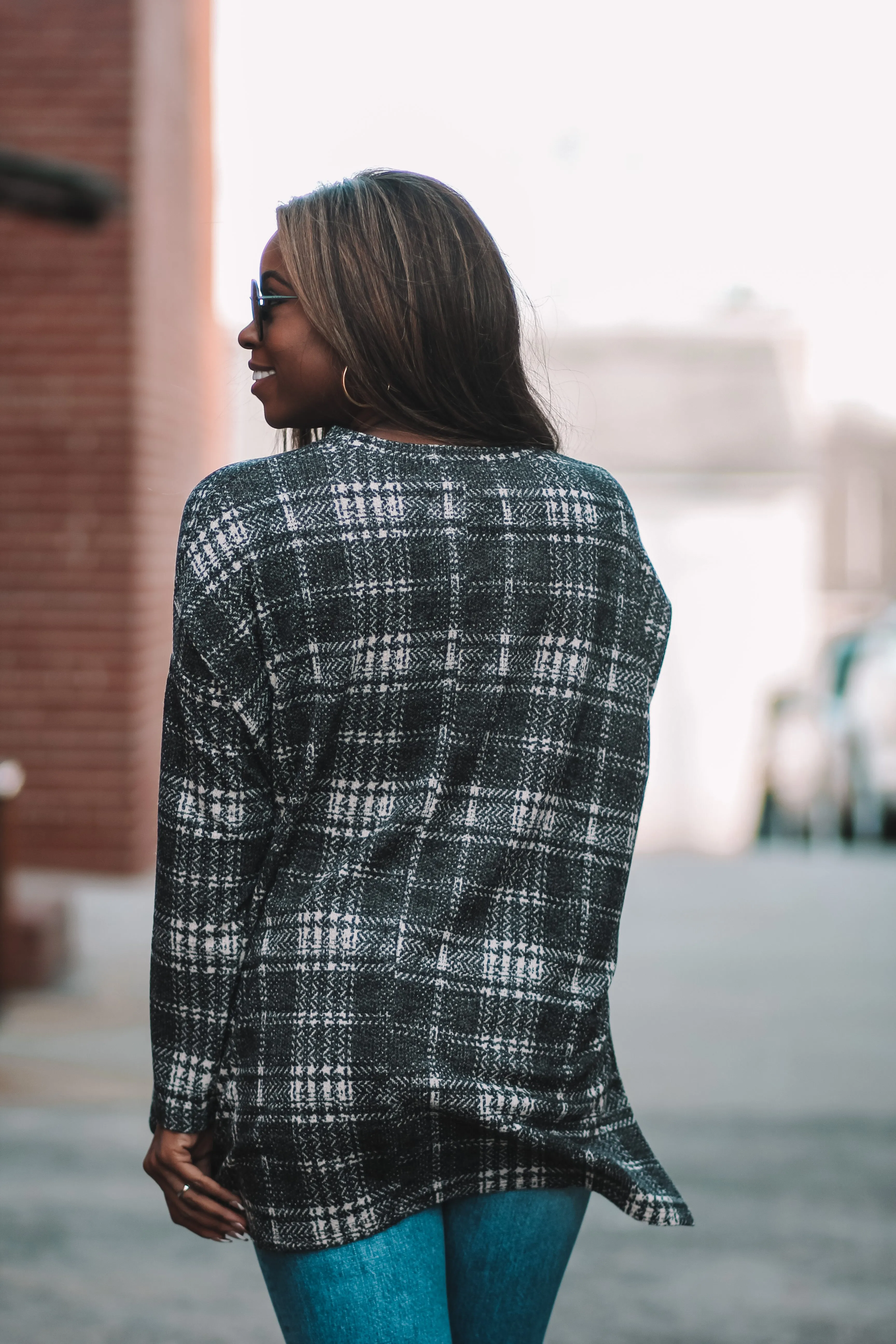Black Plaid Dolman Sleeve High Low Top