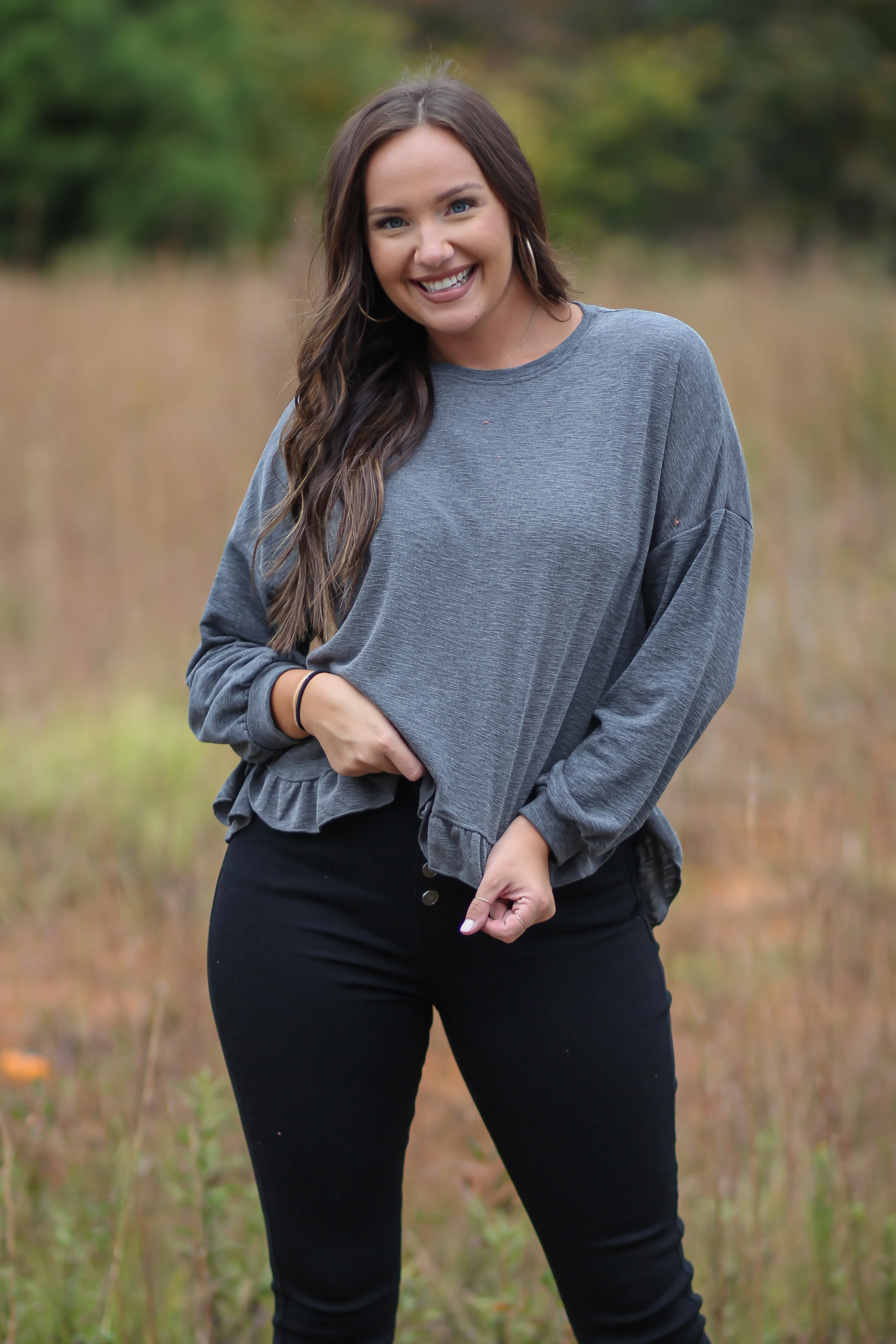 Charcoal Ruffle Hem High Low Top