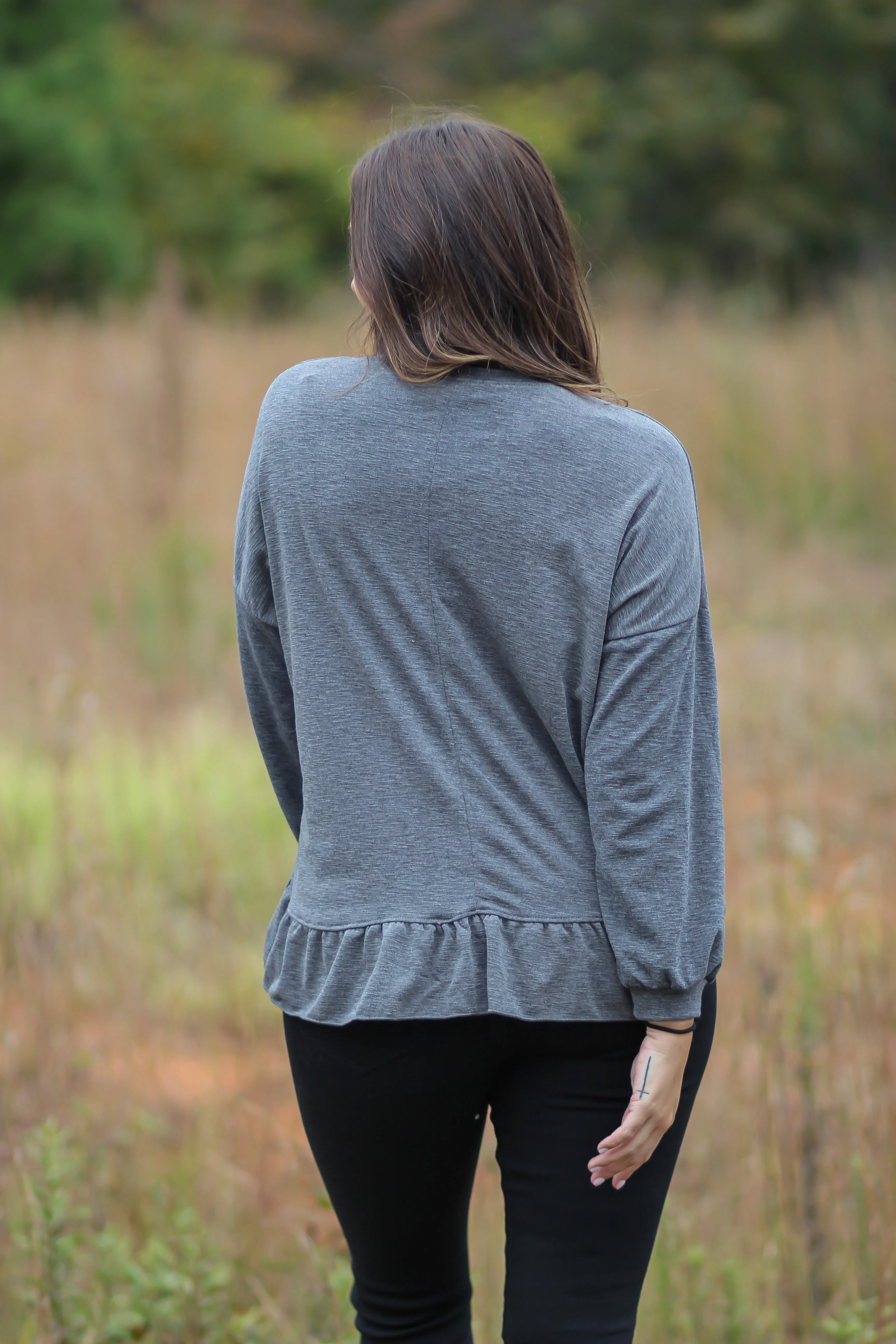 Charcoal Ruffle Hem High Low Top