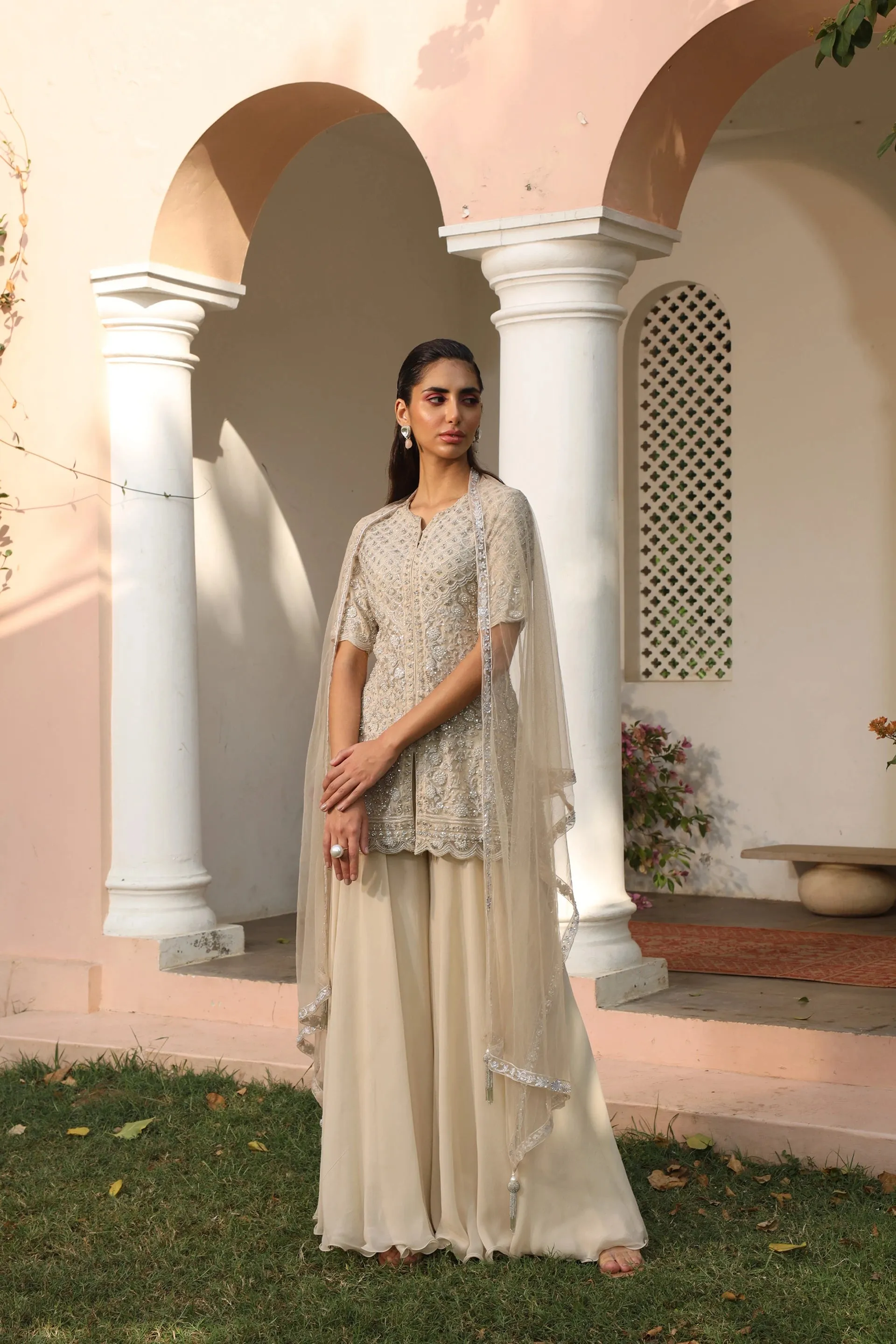 High-Low Top with Sharara & Dupatta