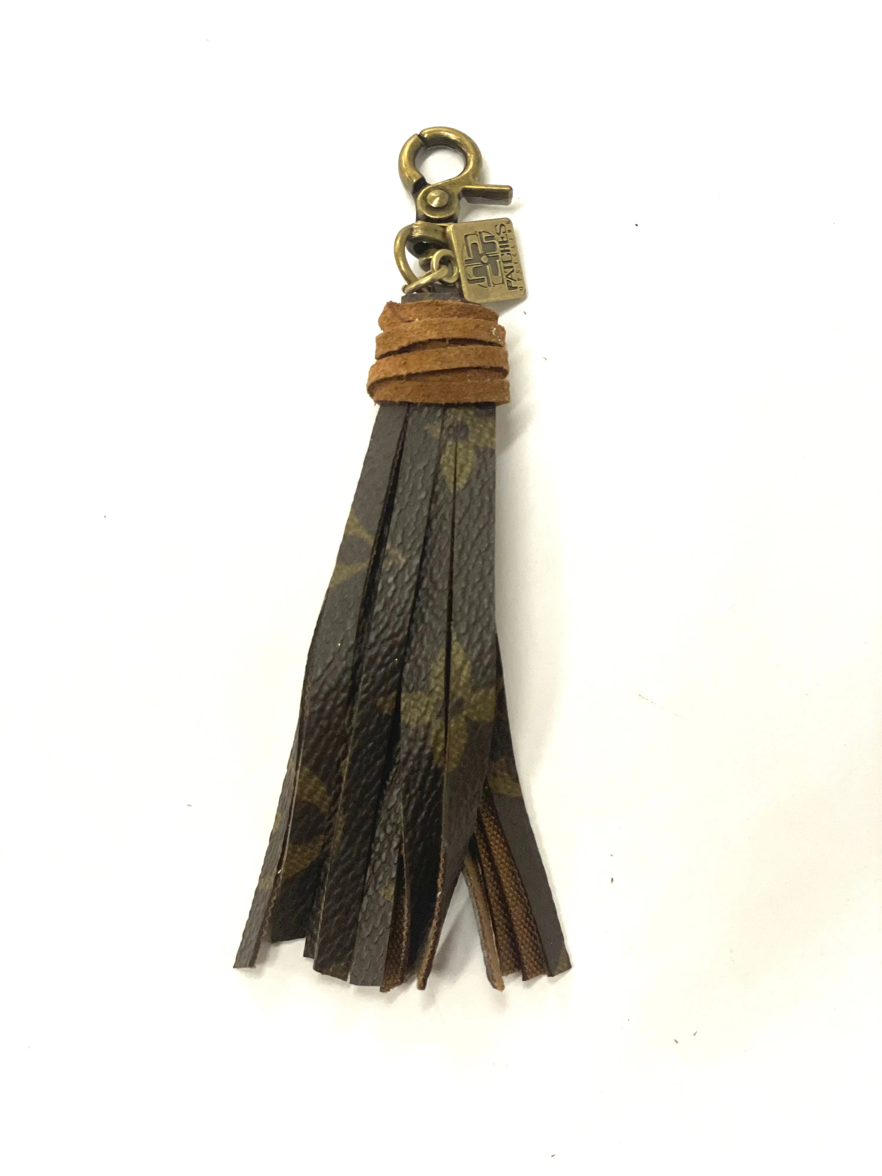 Leather wrapped fringe keychain/tassel in antique
